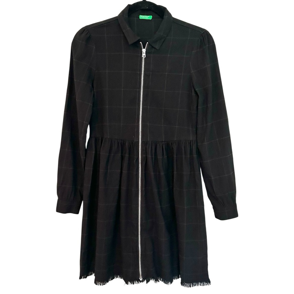 United Colors Of Benetton Black Checkered Long Sleeve Zip Up Mini Dress Sz S